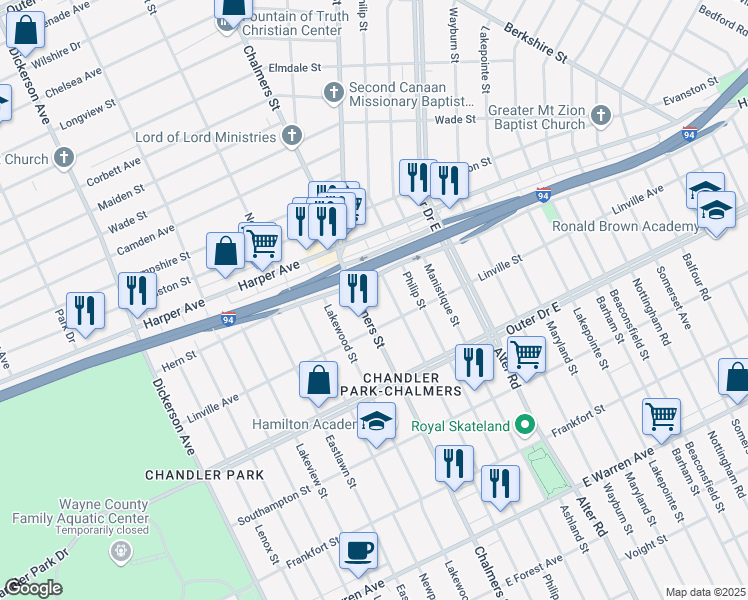 map of restaurants, bars, coffee shops, grocery stores, and more near 5994 Chalmers Street in Detroit