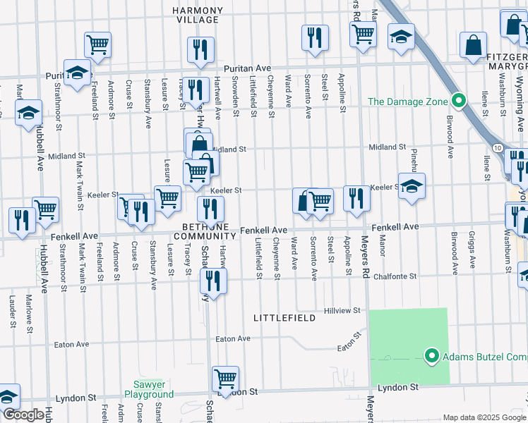 map of restaurants, bars, coffee shops, grocery stores, and more near 15377 Cheyenne Street in Detroit