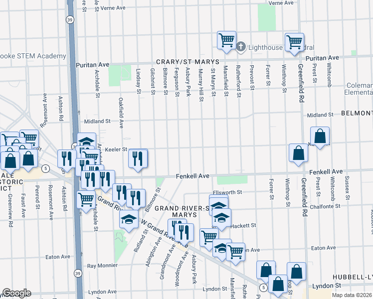 map of restaurants, bars, coffee shops, grocery stores, and more near 15425 Ferguson Street in Detroit