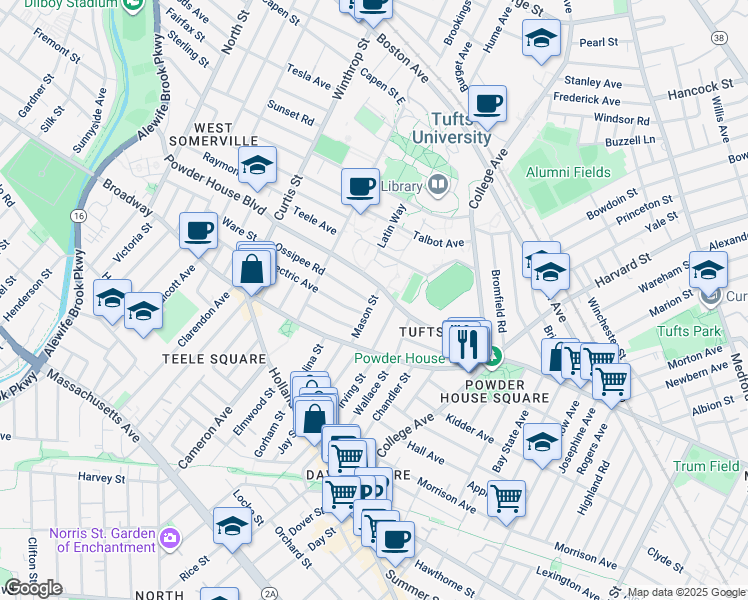 map of restaurants, bars, coffee shops, grocery stores, and more near 49 Mason Street in Somerville