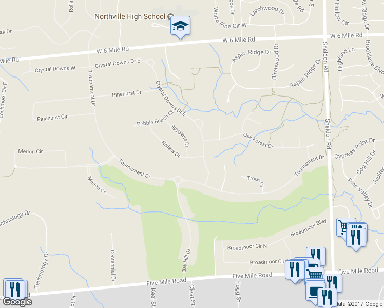 map of restaurants, bars, coffee shops, grocery stores, and more near 15666 Spyglass Drive in Northville