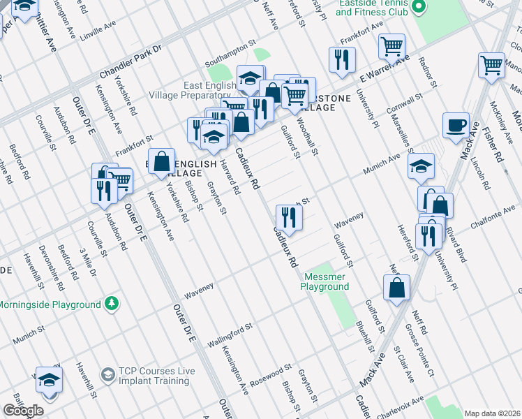 map of restaurants, bars, coffee shops, grocery stores, and more near 17127 Sioux Street in Detroit
