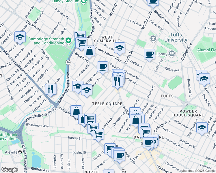 map of restaurants, bars, coffee shops, grocery stores, and more near 1188 Broadway in Somerville