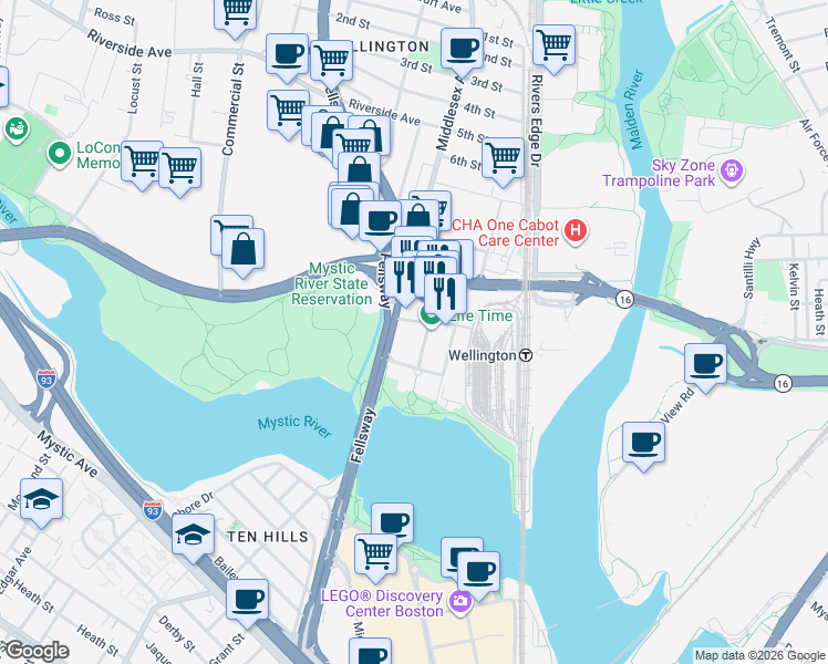 map of restaurants, bars, coffee shops, grocery stores, and more near 75 Station Landing in Medford
