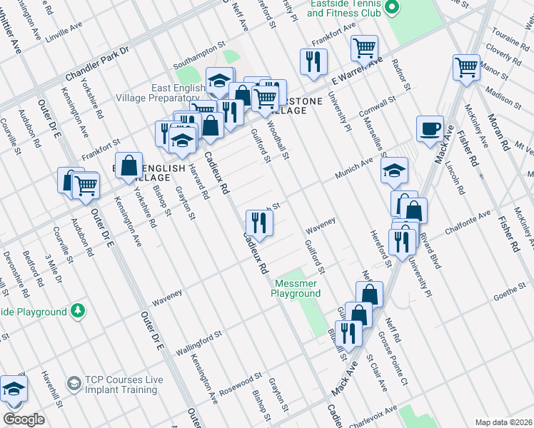 map of restaurants, bars, coffee shops, grocery stores, and more near 17178 Munich Street in Detroit