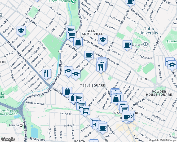 map of restaurants, bars, coffee shops, grocery stores, and more near 1188 Broadway in Somerville
