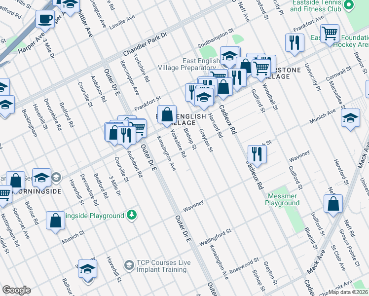 map of restaurants, bars, coffee shops, grocery stores, and more near 4843 Yorkshire Road in Detroit