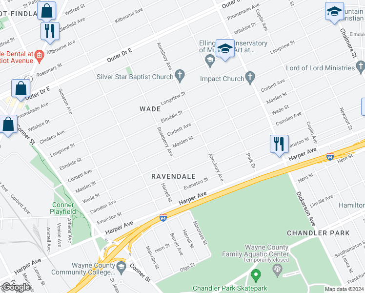 map of restaurants, bars, coffee shops, grocery stores, and more near 12254 Maiden Street in Detroit