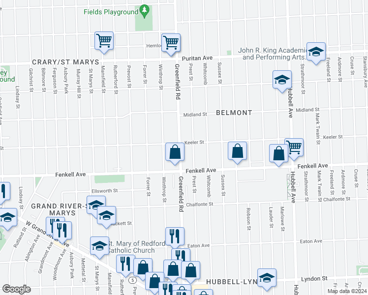 map of restaurants, bars, coffee shops, grocery stores, and more near 15372 Greenfield Road in Detroit