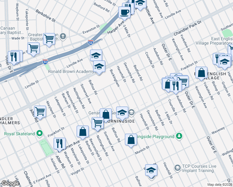 map of restaurants, bars, coffee shops, grocery stores, and more near 5259 Buckingham in Detroit