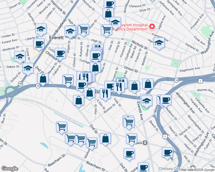 map of restaurants, bars, coffee shops, grocery stores, and more near 9 Irving Street in Everett