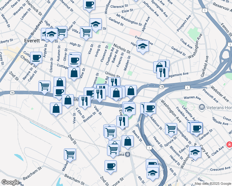 map of restaurants, bars, coffee shops, grocery stores, and more near 19 Malden Street in Everett