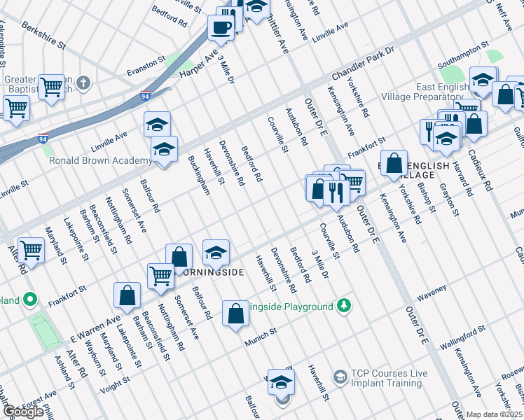 map of restaurants, bars, coffee shops, grocery stores, and more near 5100 Devonshire Road in Detroit