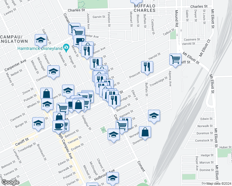 map of restaurants, bars, coffee shops, grocery stores, and more near 3875 Caniff Street in Hamtramck