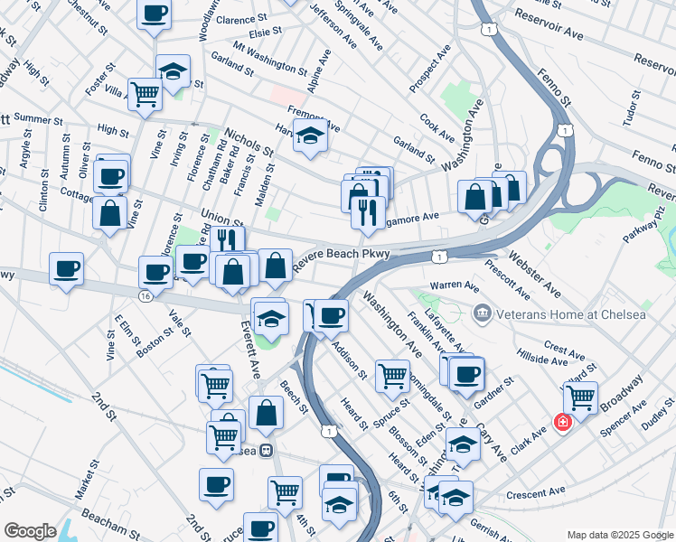 map of restaurants, bars, coffee shops, grocery stores, and more near 17 Reynolds Avenue in Chelsea