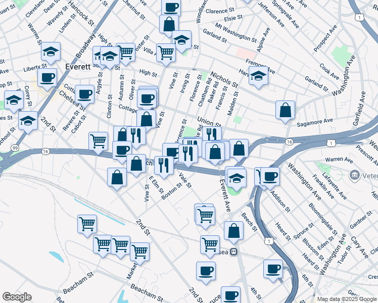 map of restaurants, bars, coffee shops, grocery stores, and more near 14 Luke Road in Everett