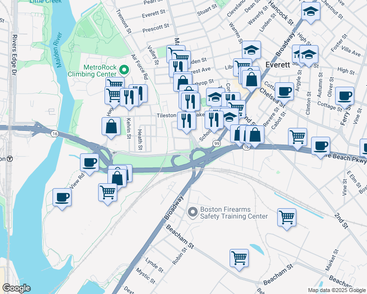 map of restaurants, bars, coffee shops, grocery stores, and more near 24 West Street in Everett