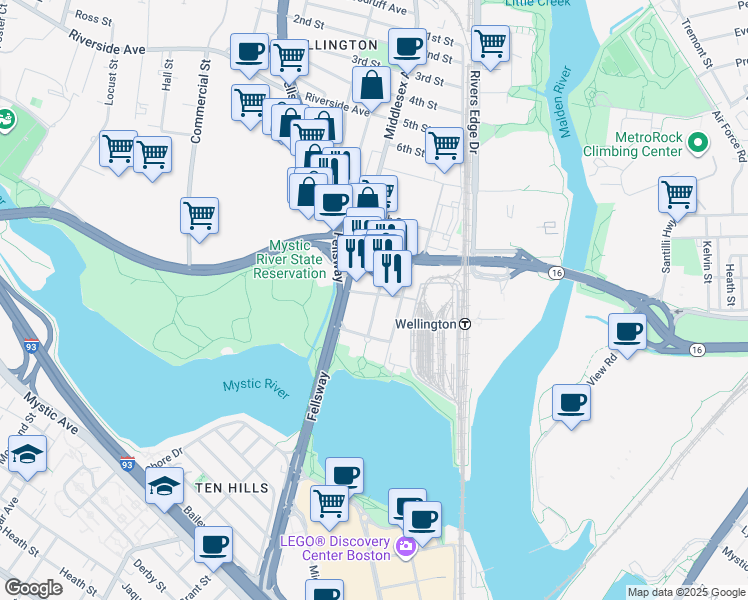 map of restaurants, bars, coffee shops, grocery stores, and more near 62 Station Landing in Medford