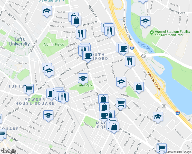 map of restaurants, bars, coffee shops, grocery stores, and more near 21 Mayberry Avenue in Medford