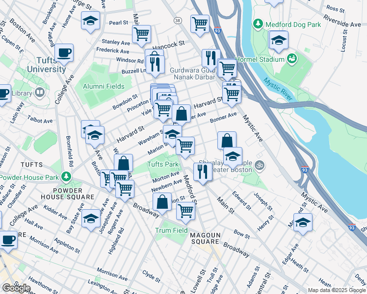 map of restaurants, bars, coffee shops, grocery stores, and more near 21 Mayberry Avenue in Medford