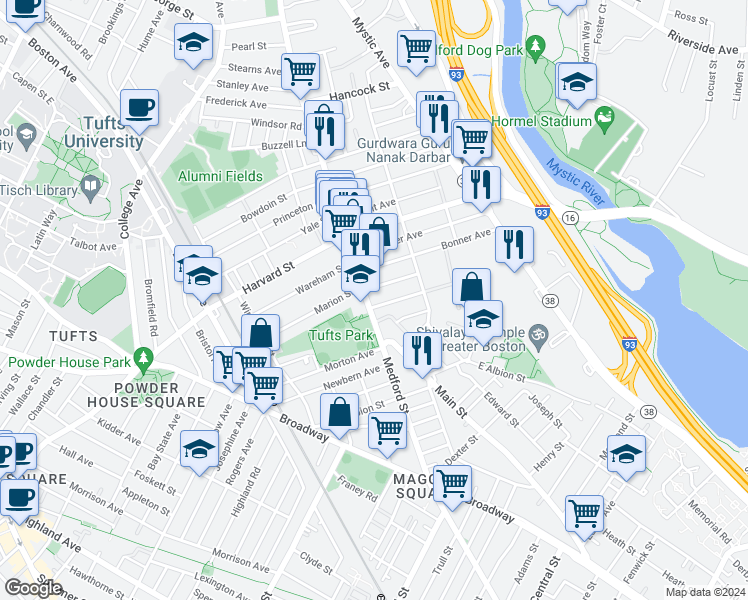 map of restaurants, bars, coffee shops, grocery stores, and more near 21 Mayberry Avenue in Medford