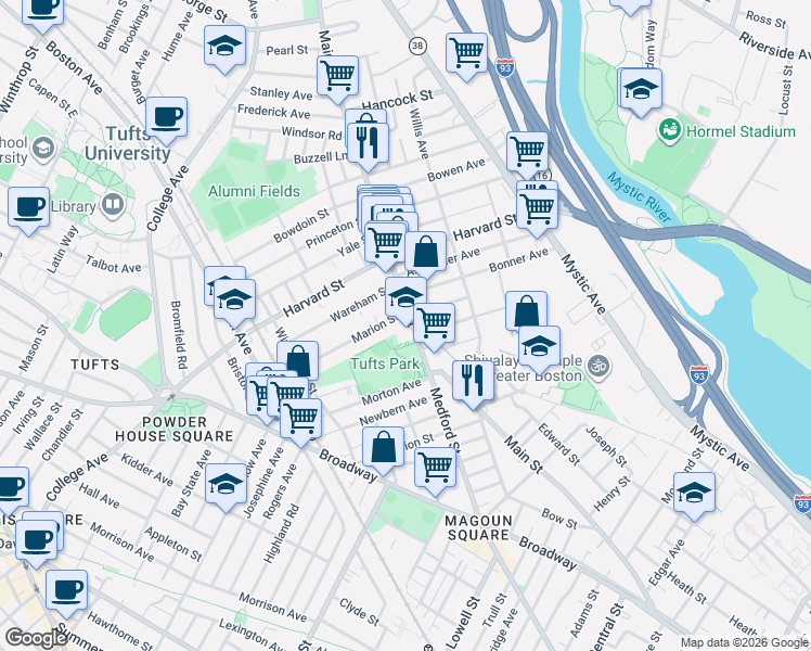map of restaurants, bars, coffee shops, grocery stores, and more near 419 Main Street in Medford