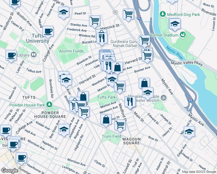 map of restaurants, bars, coffee shops, grocery stores, and more near 419 Main Street in Medford