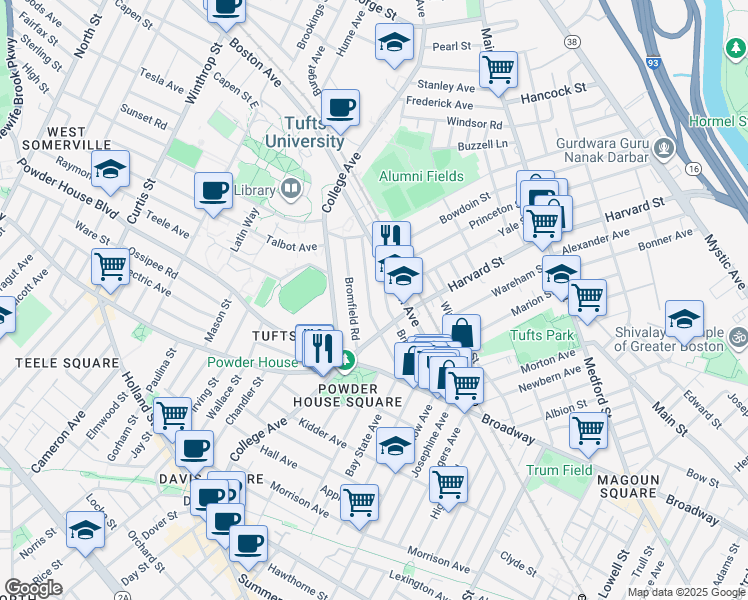 map of restaurants, bars, coffee shops, grocery stores, and more near 19 Saint Clements Road in Medford