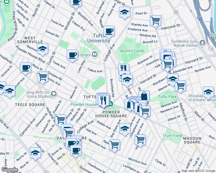 map of restaurants, bars, coffee shops, grocery stores, and more near 66 Bromfield Road in Somerville