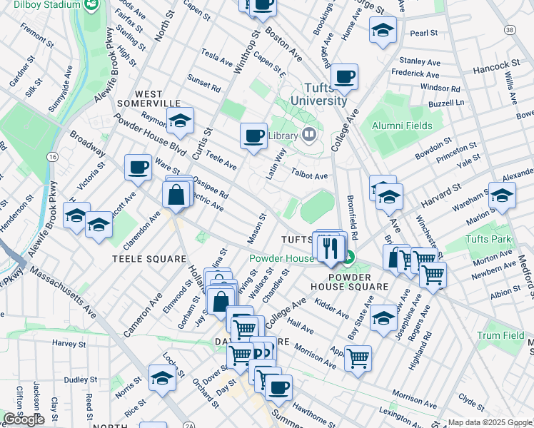 map of restaurants, bars, coffee shops, grocery stores, and more near 30 Lower Campus Road in Somerville