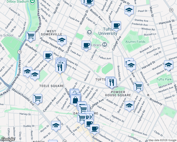 map of restaurants, bars, coffee shops, grocery stores, and more near 23 Ossipee Road in Somerville