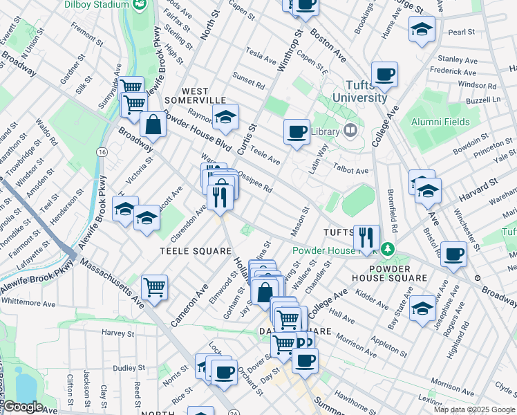map of restaurants, bars, coffee shops, grocery stores, and more near 35 Packard Avenue in Somerville