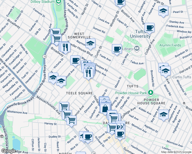 map of restaurants, bars, coffee shops, grocery stores, and more near 22 Lovell Street in Somerville