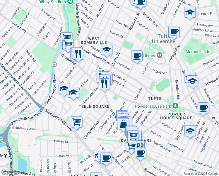 map of restaurants, bars, coffee shops, grocery stores, and more near 22 Lovell Street in Somerville