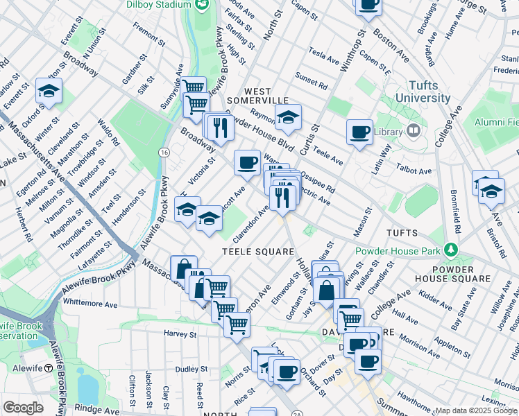 map of restaurants, bars, coffee shops, grocery stores, and more near 1188 Broadway in Somerville