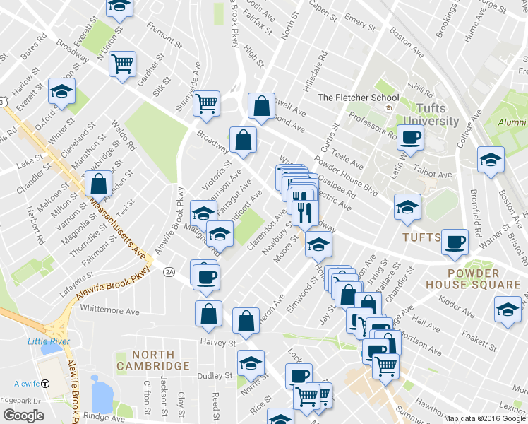 map of restaurants, bars, coffee shops, grocery stores, and more near 1188 Broadway in Somerville