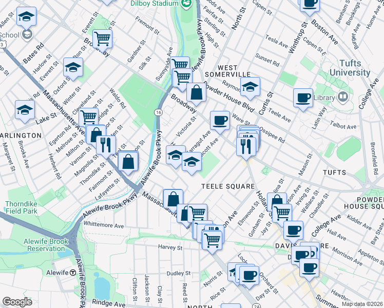 map of restaurants, bars, coffee shops, grocery stores, and more near 51 Farragut Avenue in Somerville