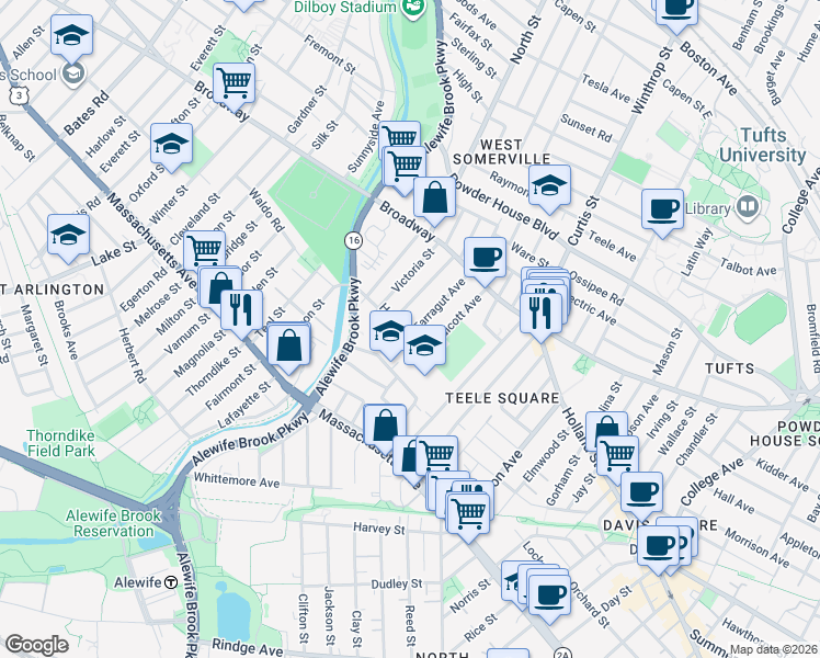 map of restaurants, bars, coffee shops, grocery stores, and more near 51 Farragut Avenue in Somerville