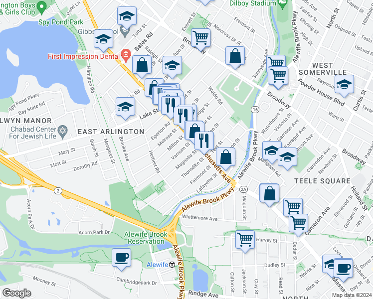 map of restaurants, bars, coffee shops, grocery stores, and more near 15 Varnum Street in Arlington