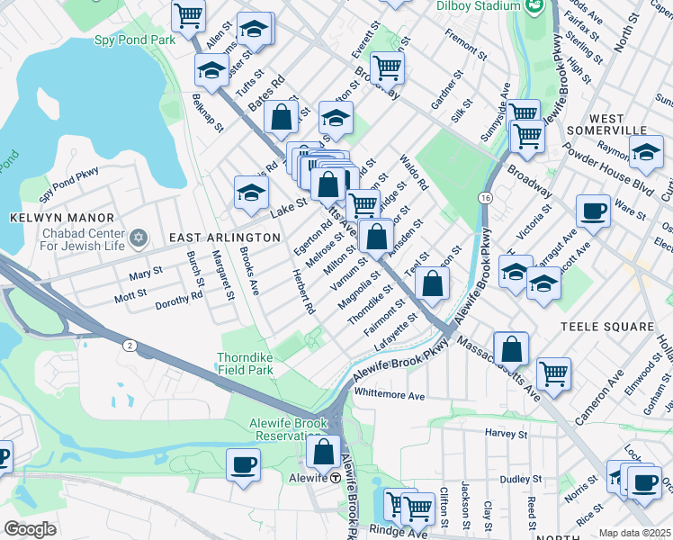 map of restaurants, bars, coffee shops, grocery stores, and more near 34-36 Melrose Street in Arlington
