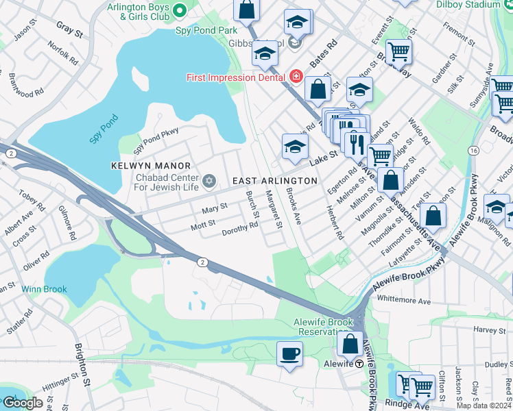 map of restaurants, bars, coffee shops, grocery stores, and more near 14 Mary Street in Arlington