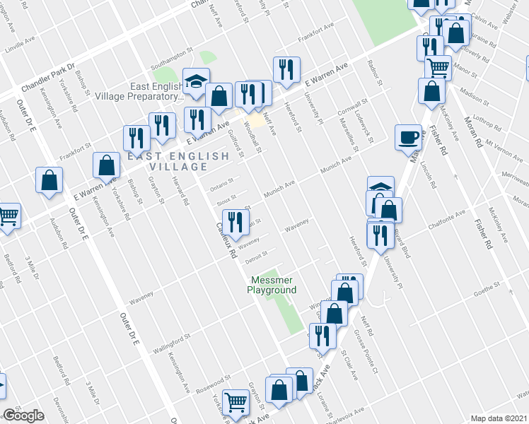 map of restaurants, bars, coffee shops, grocery stores, and more near 4390 Guilford Street in Detroit