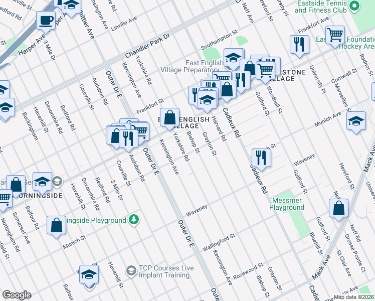 map of restaurants, bars, coffee shops, grocery stores, and more near 4843 Yorkshire Road in Detroit