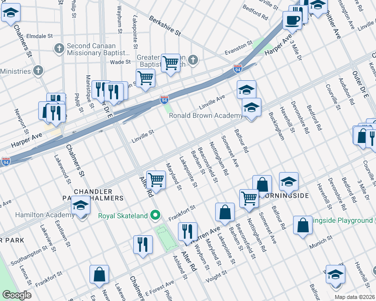 map of restaurants, bars, coffee shops, grocery stores, and more near 11111 Outer Drive East in Detroit