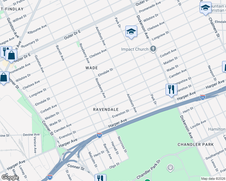 map of restaurants, bars, coffee shops, grocery stores, and more near 12302 Maiden Street in Detroit