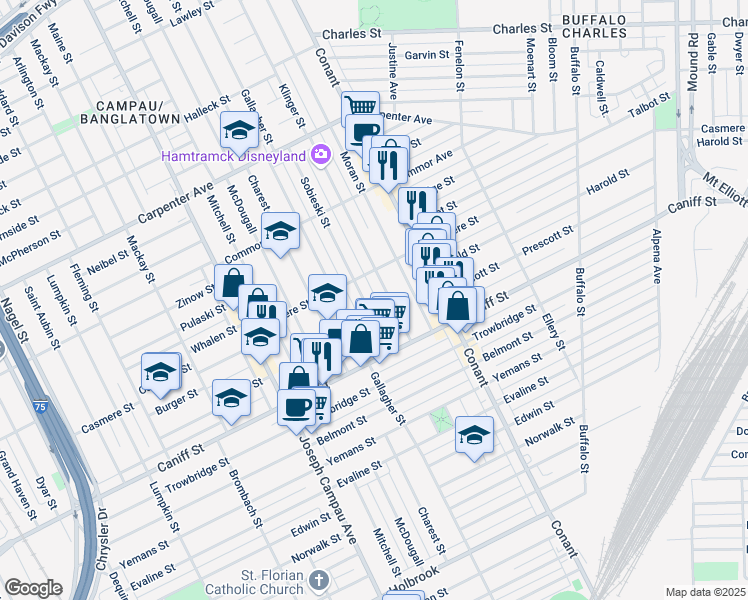 map of restaurants, bars, coffee shops, grocery stores, and more near 11450 Sobieski Street in Hamtramck