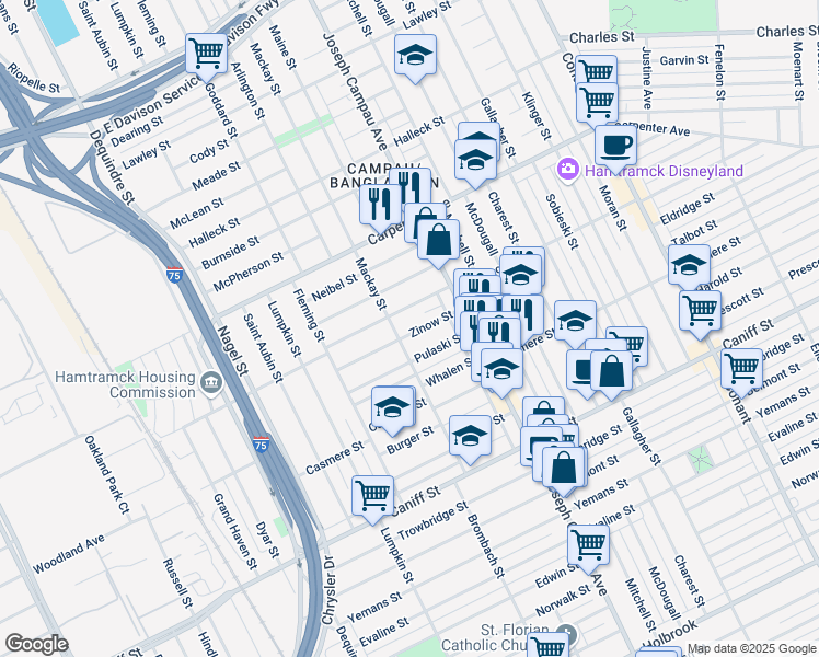 map of restaurants, bars, coffee shops, grocery stores, and more near 2655 Zinow Street in Hamtramck