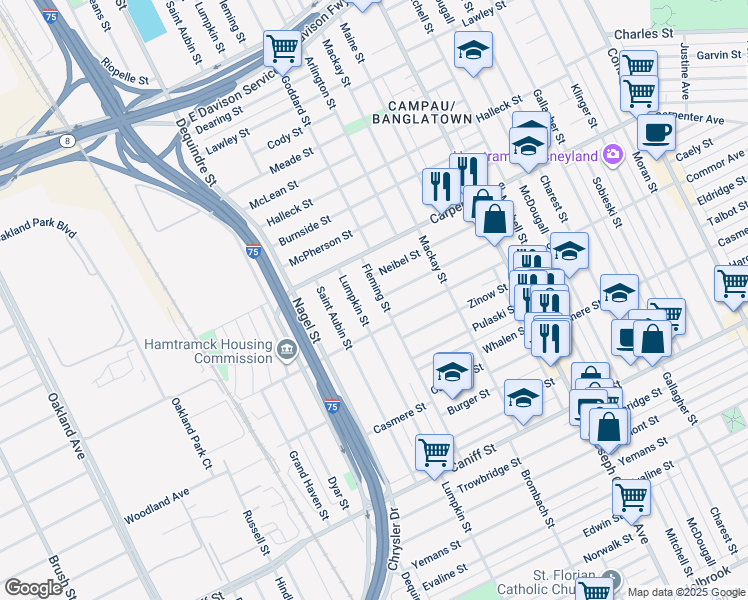 map of restaurants, bars, coffee shops, grocery stores, and more near in Hamtramck