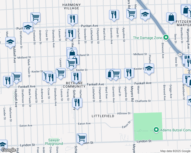 map of restaurants, bars, coffee shops, grocery stores, and more near 15377 Cheyenne Street in Detroit