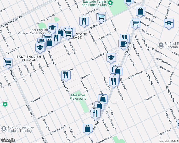 map of restaurants, bars, coffee shops, grocery stores, and more near 4324 Neff Avenue in Detroit